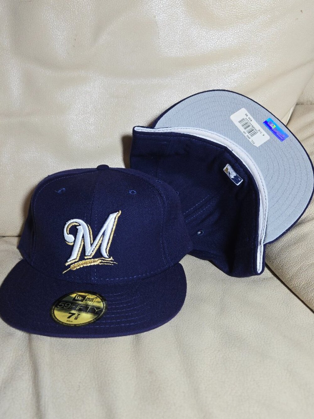 ⚾New Era 59FIFTY Milwaukee Brewers Hat Grey Underbrim Y2K Fitted 6-7/8 7-7/8